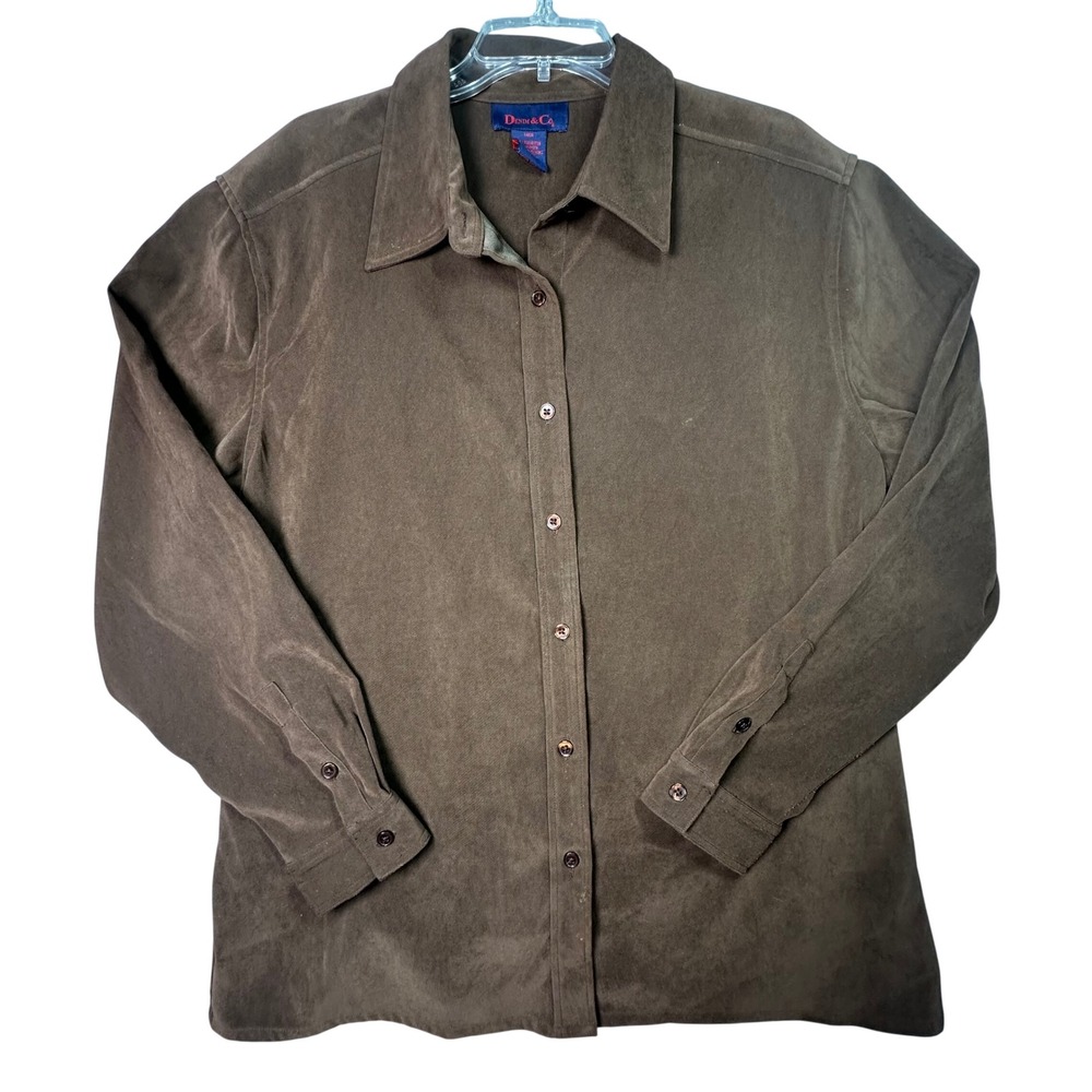 Denim & Co Faux Suede Button Down Shirt Earthy Minimalist Large Brown Utility
